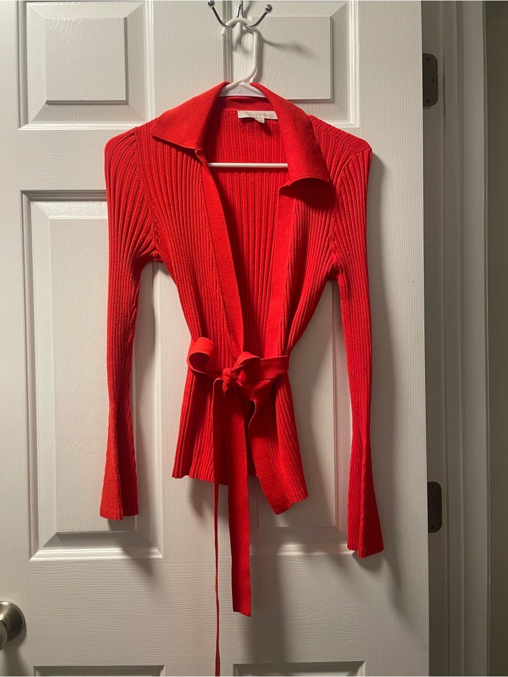 LOFT Red Ribbed Tie-Waist Wrap Sweater